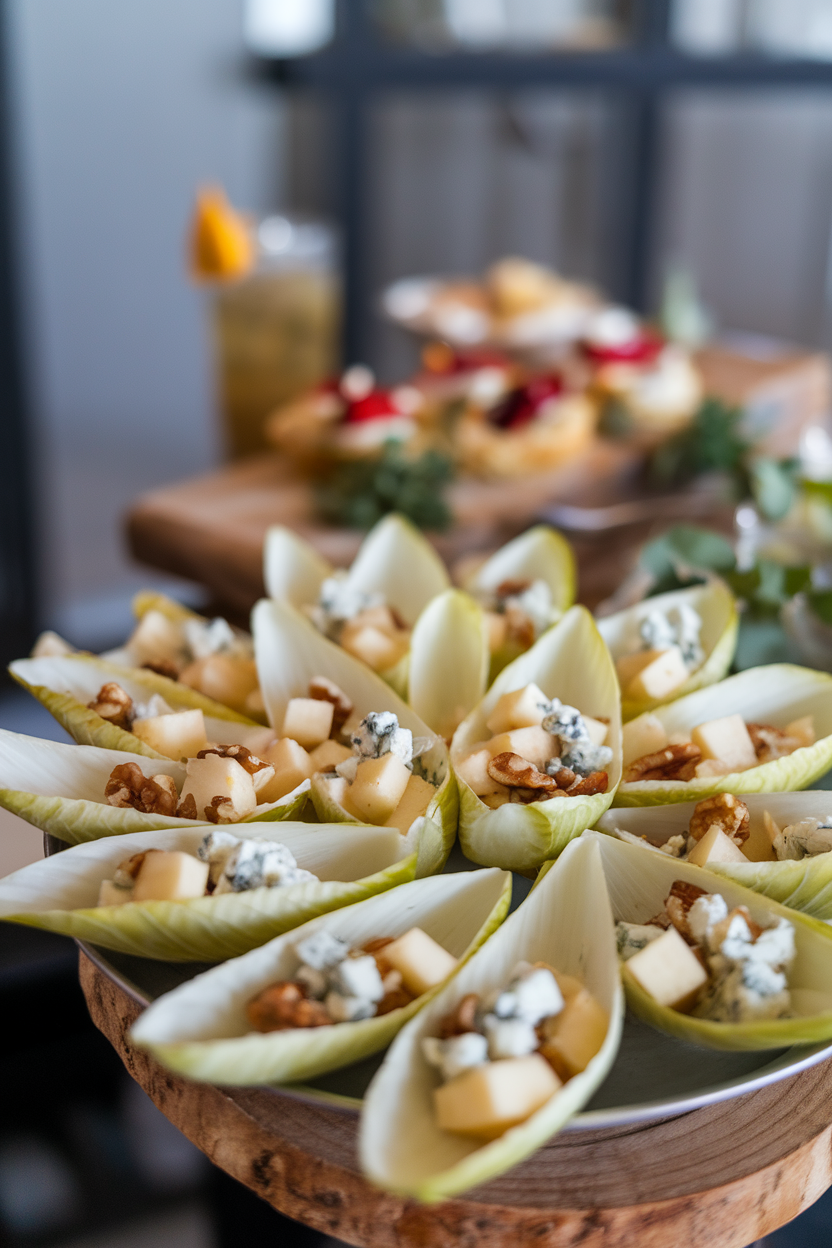 Photo of an indoor appetizer tray featuring endive leaves filled with diced pear, walnut pieces, and blue cheese crumbles; no text or logos