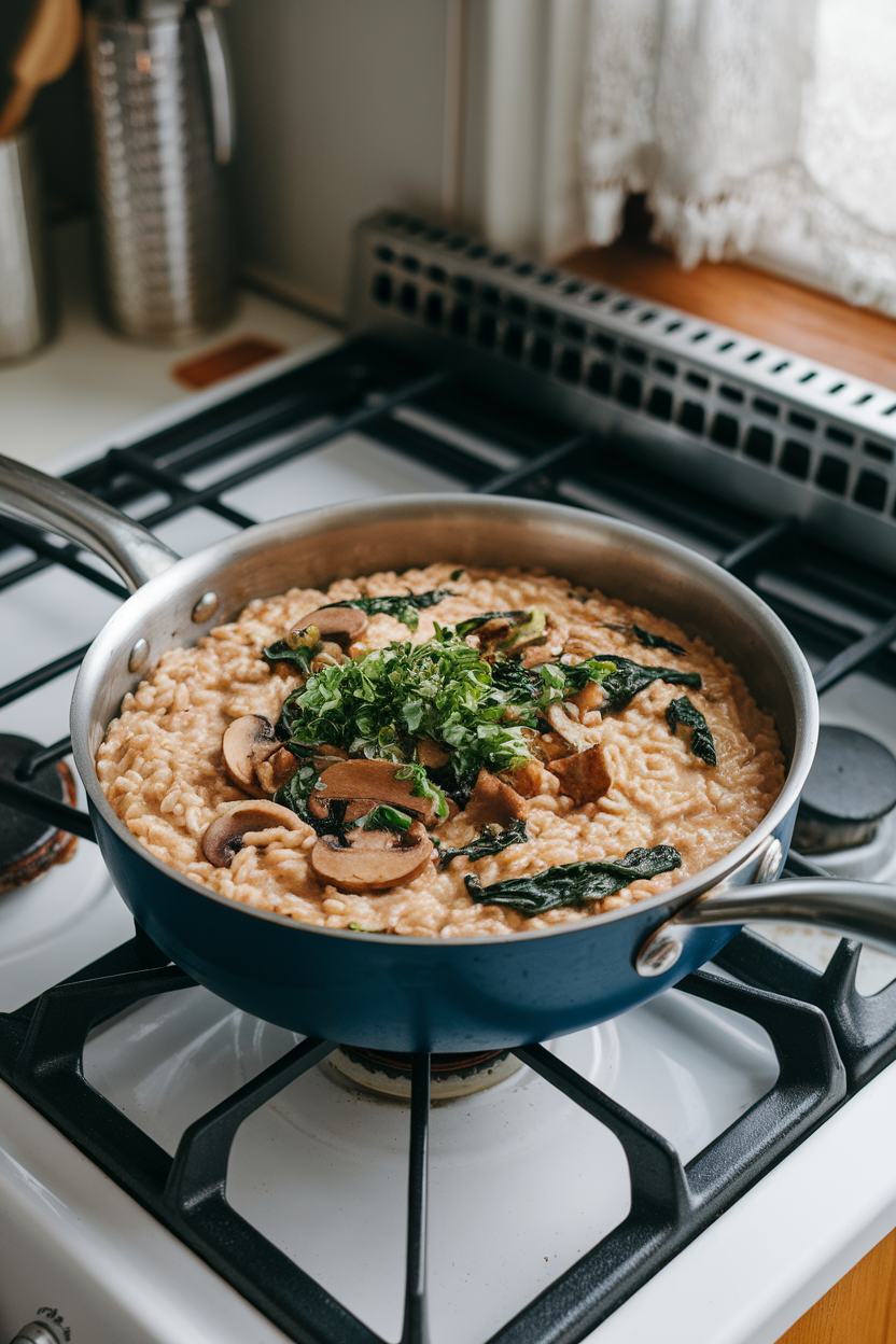 A saucepan on an indoor stovetop holding creamy brown rice risotto dotted with mushrooms and wilted spinach. No logos or text, photo only.
