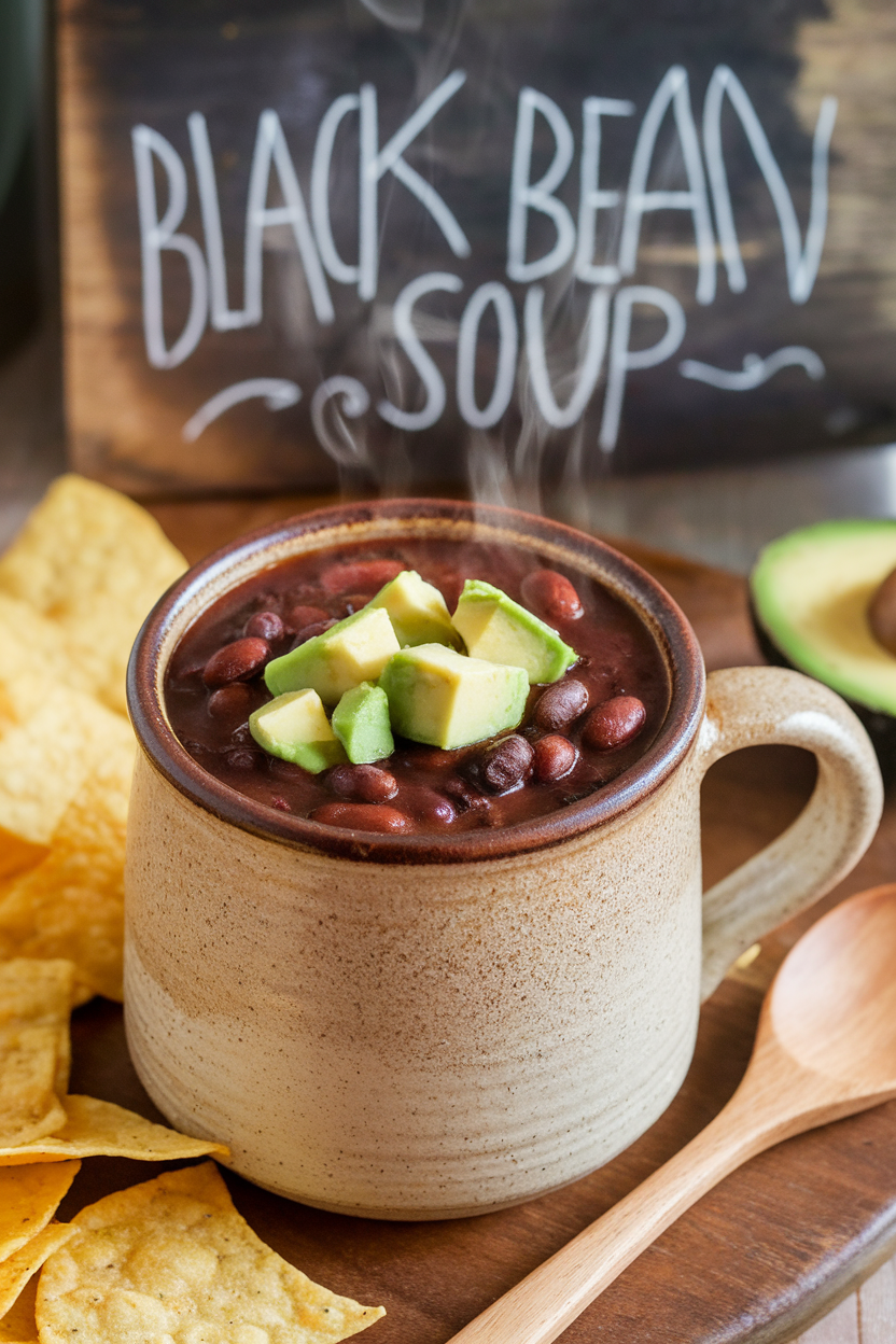 Photo of a ceramic mug indoors filled with steaming black bean soup topped with diced avocado. No text or logos.