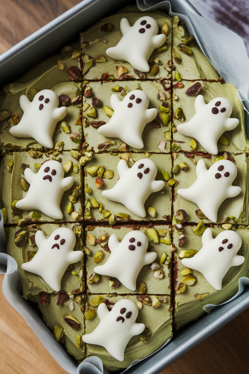 Indoor photo of light green pistachio-studded brownies with white chocolate ghost shapes floating on top; no text or logos