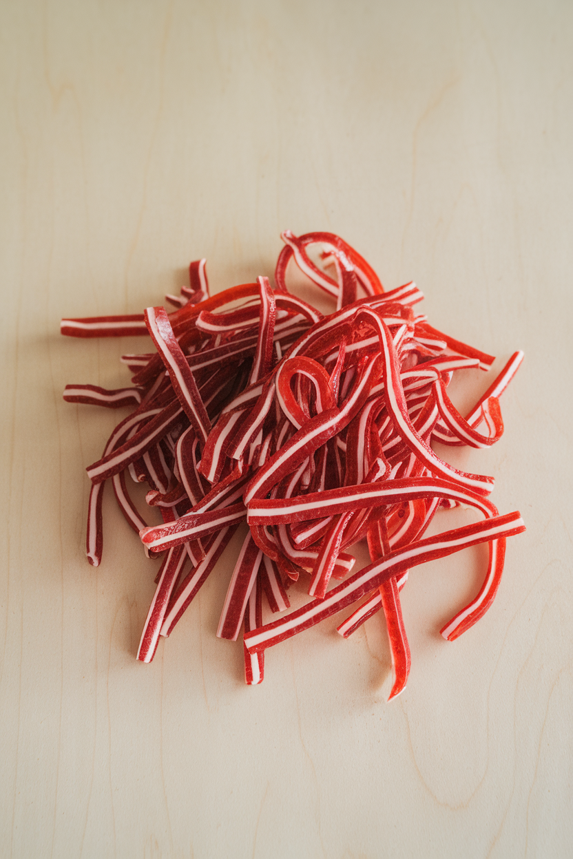 Photo of indoor table with short red licorice ropes partially peeled into strands, no logos