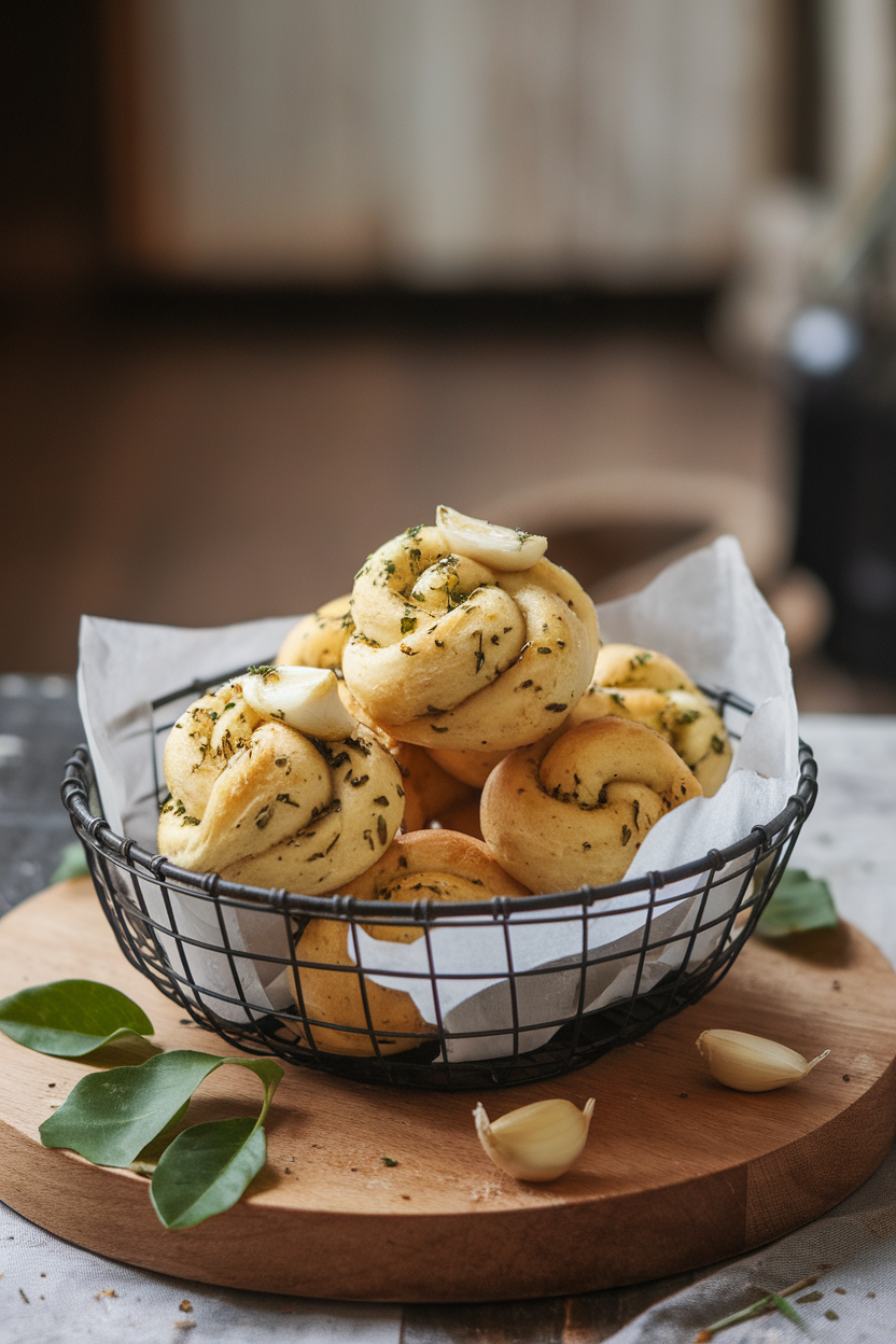 Photo of garlic knots brushed with herb butter, roasted garlic cloves scattered, indoor basket. No text or logos.