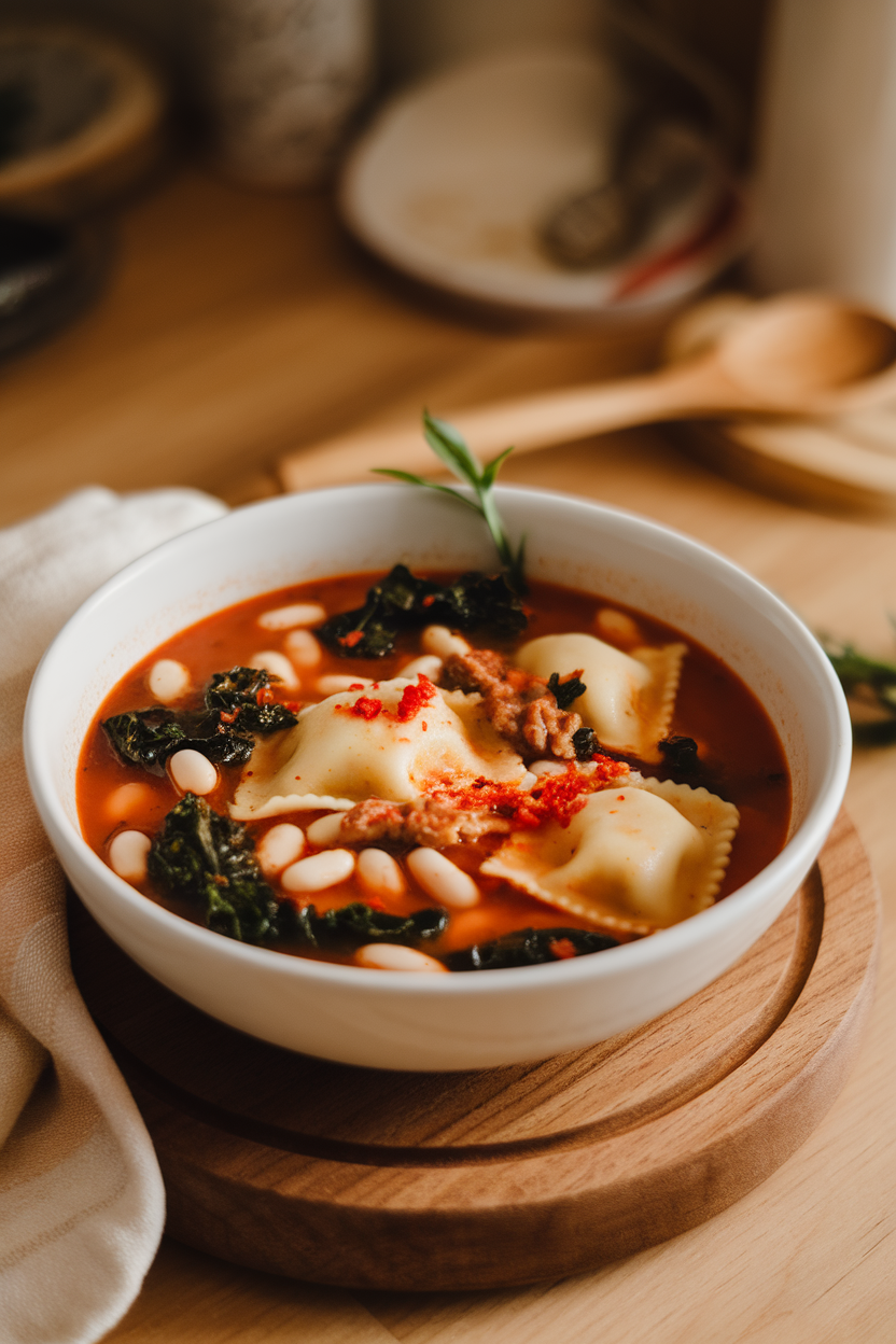 Warm indoor photo of a bowl of ravioli soup with white beans, kale ribbons, and a tomato broth; no text or logos present.