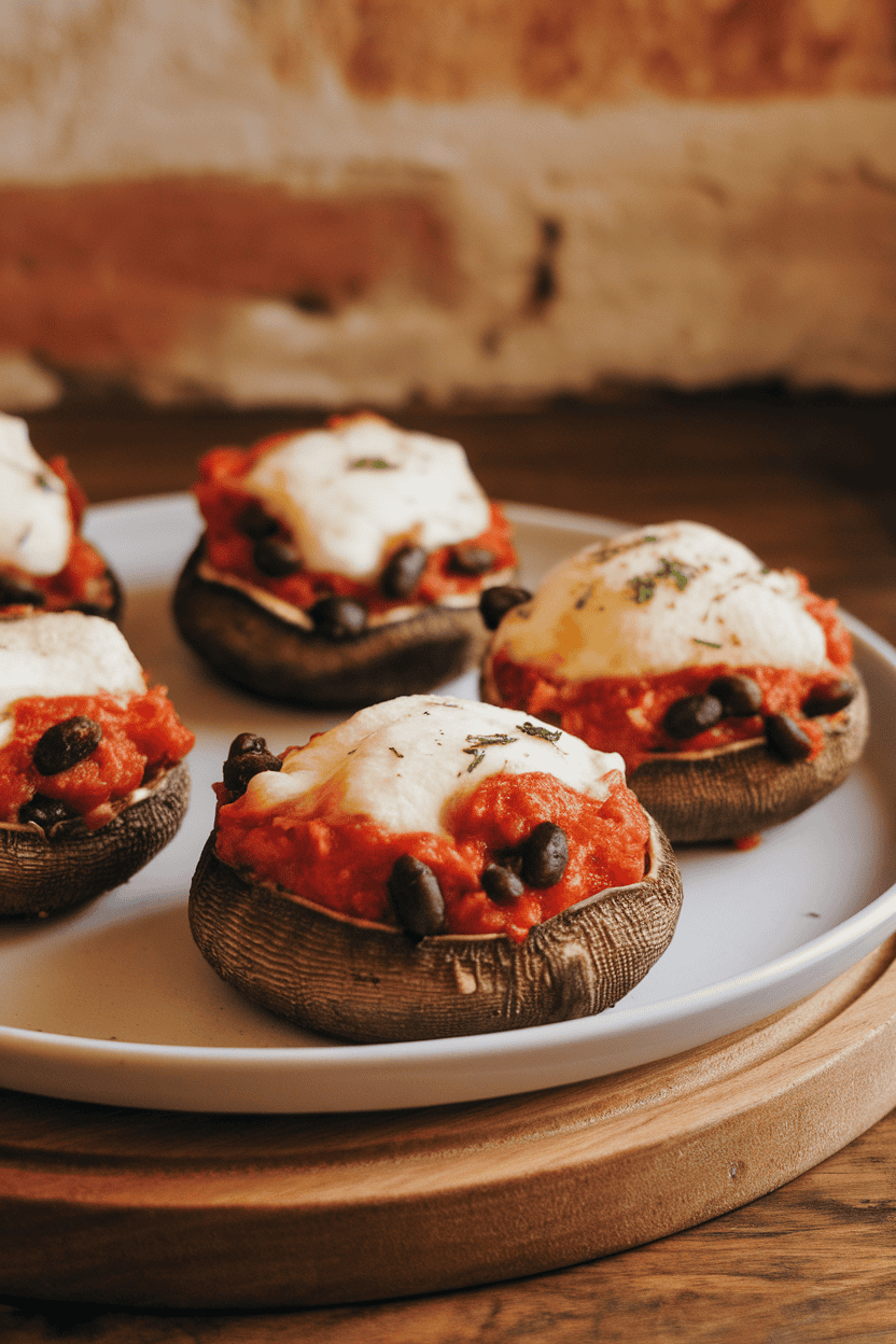 Indoor photo of baked portobello caps filled with tomato-black bean mixture, topped with melted mozzarella, no text or logos.