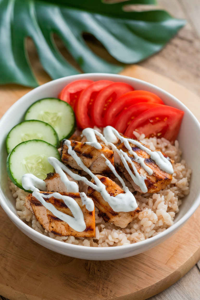 An indoor bowl layered with brown rice, grilled chicken souvlaki pieces, sliced cucumber, tomato, and a drizzle of tzatziki. No text or logos.