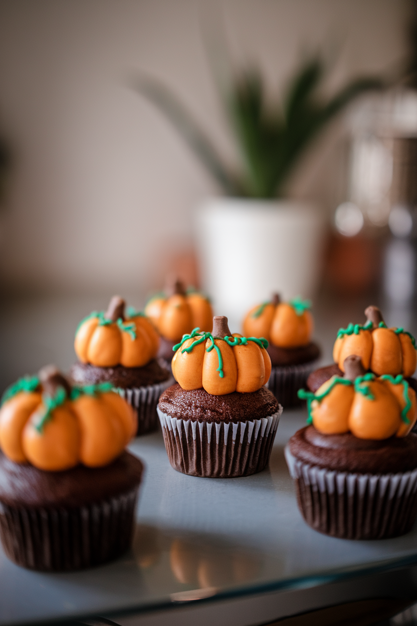 Photo of chocolate cupcakes on an indoor counter, each topped with orange buttercream pumpkins and tiny green frosting vines, shallow depth of field, no logos or text.