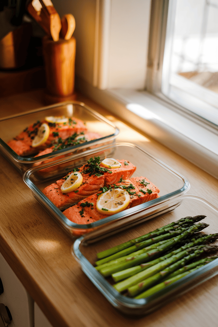 A warmly lit indoor kitchen counter with glass meal-prep containers holding cooked salmon fillets topped with chopped parsley and thin lemon slices, nestled beside roasted asparagus spears. No text or logos, photo only.