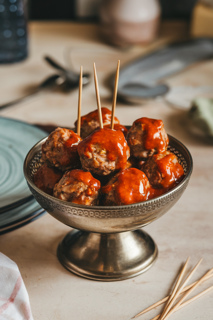 A serving bowl on an indoor table of glazed turkey meatballs coated in sweet chili sauce, toothpicks nearby. No logos or text, photo.