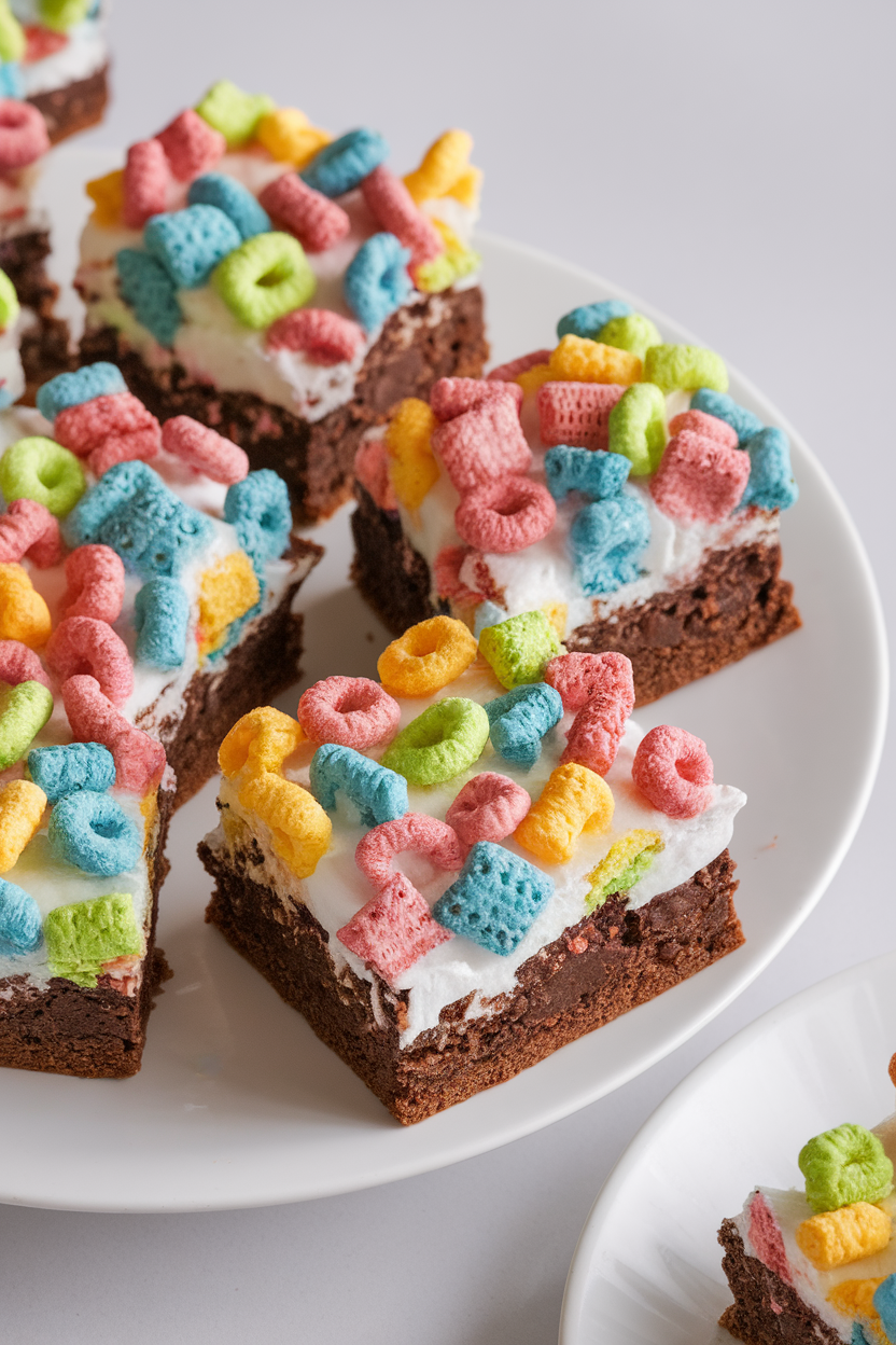 Indoor image of brownies topped with brightly colored cereal pieces pressed into marshmallow coating; no text or logos