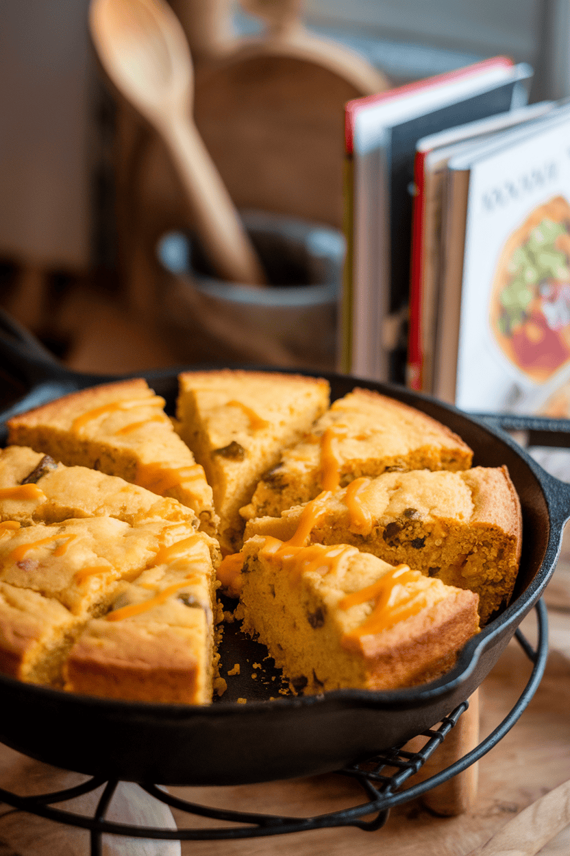 Photo of a cast-iron skillet cornbread sliced into wedges, flecks of jalapeño and melted cheddar visible, set indoors on a trivet. No logos or text present.