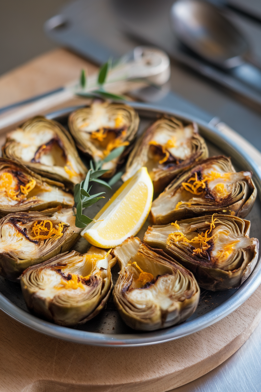 A platter of roasted artichoke heart halves sprinkled with lemon zest, photographed indoors; no text or logos. Photo only.