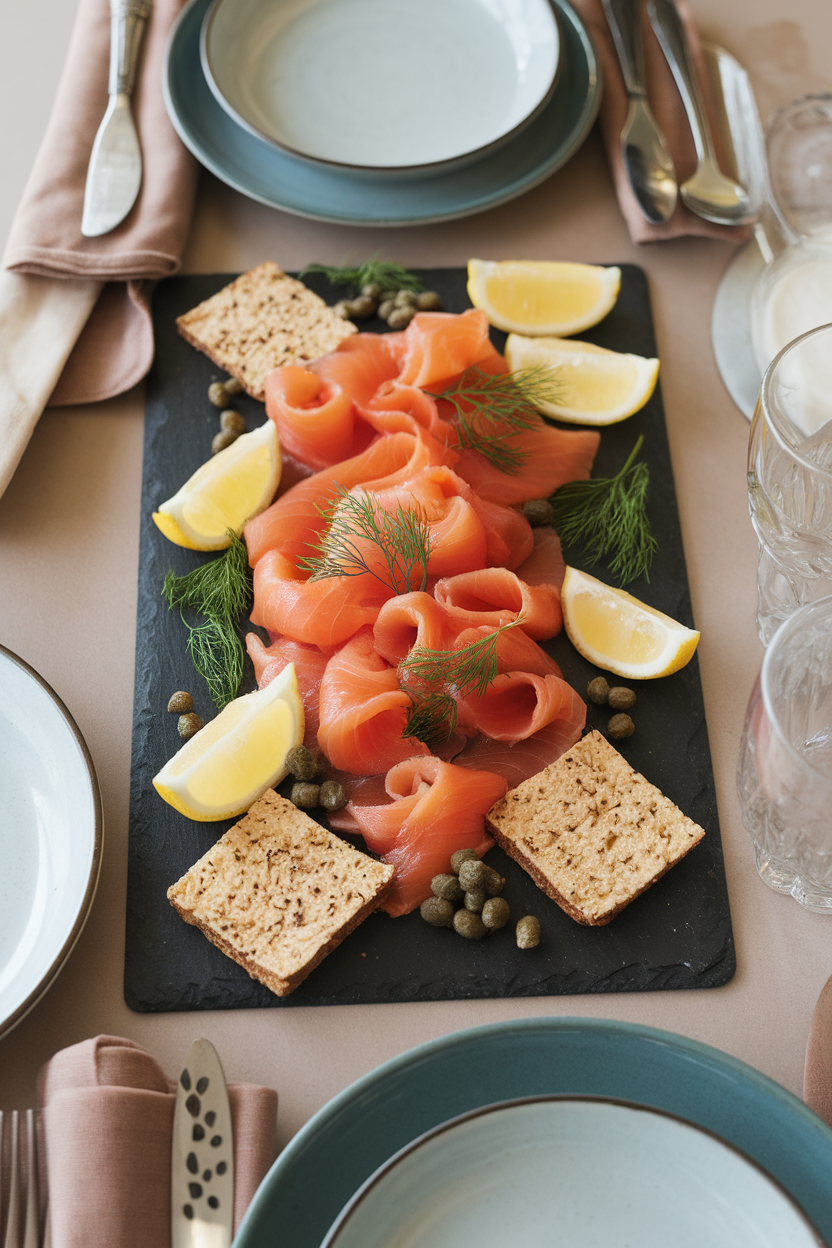 An indoor brunch table featuring a slate board topped with smoked salmon ribbons (fully cooked), lemon wedges, dill sprigs, capers, and pumpernickel squares. No text or logos. Photo only.
