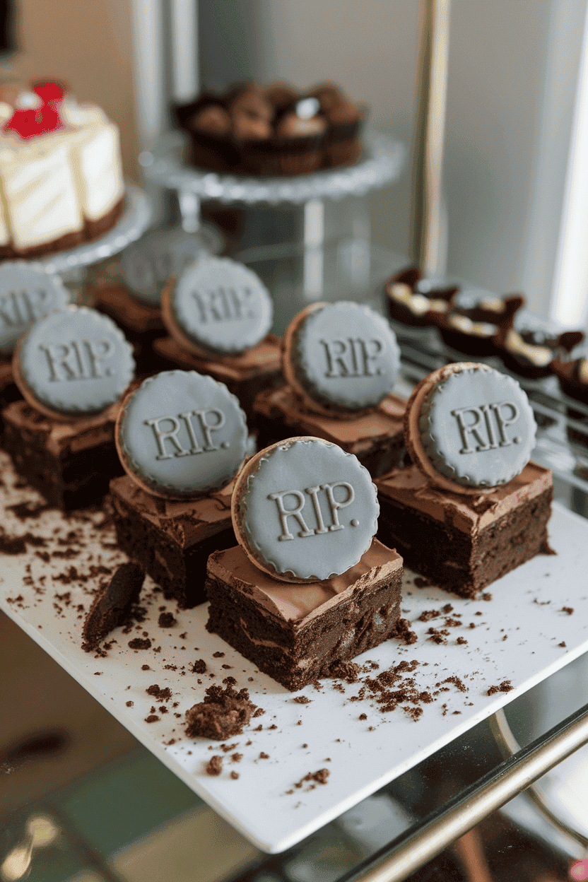 Indoor dessert table with fudgy brownie rectangles, each topped with a gray chocolate cookie engraved “RIP,” crumbs scattered like dirt. Photograph; no text or logos.