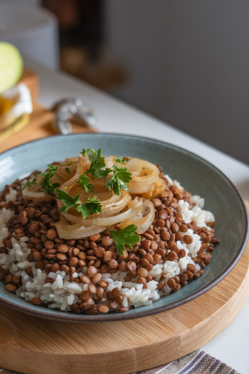 Photo of a shallow indoor plate with lentils and rice topped with caramelized onions, parsley scattered on top; no text or logos.