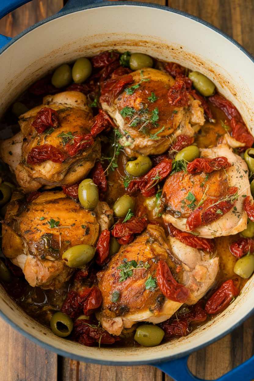 An indoor Dutch oven filled with braised chicken thighs in a sauce of sun-dried tomatoes, olives, and herbs. No text or logos; photography only.
