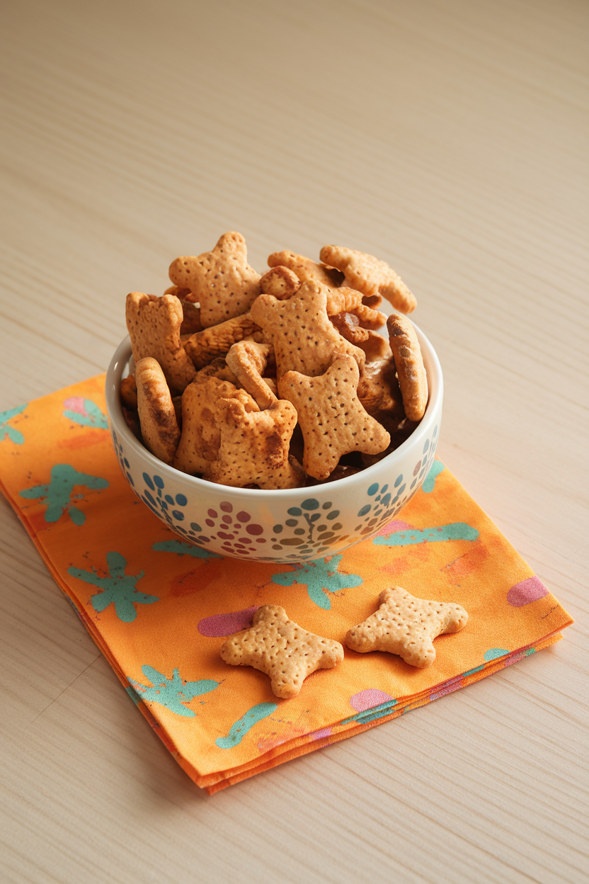 An indoor photo of a bowl of whole-grain animal crackers with a few scattered on a cheerful orange napkin. No text or logos.