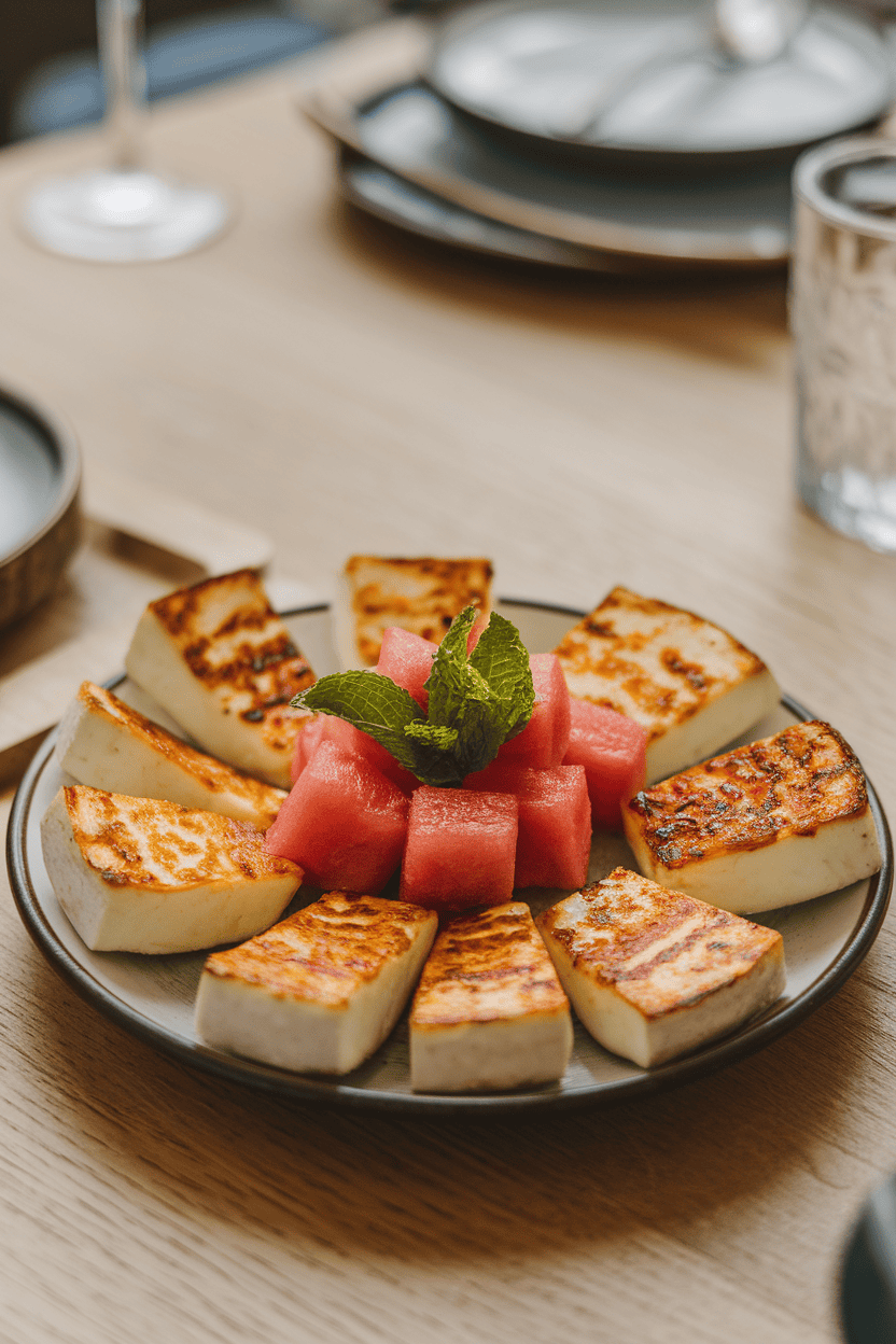 Photo indoors of seared halloumi slices arranged alongside watermelon cubes and mint leaves on a small plate. No text or logos.