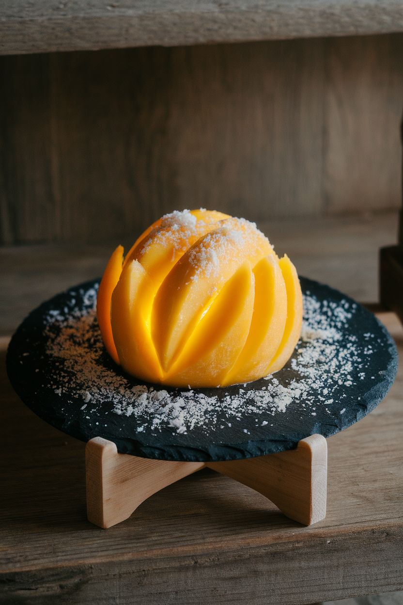 A round slate plate indoors with perfectly round mango slices overlapping slightly in a glowing orb shape, a dusting of shredded coconut for moon dust. No text or logos.