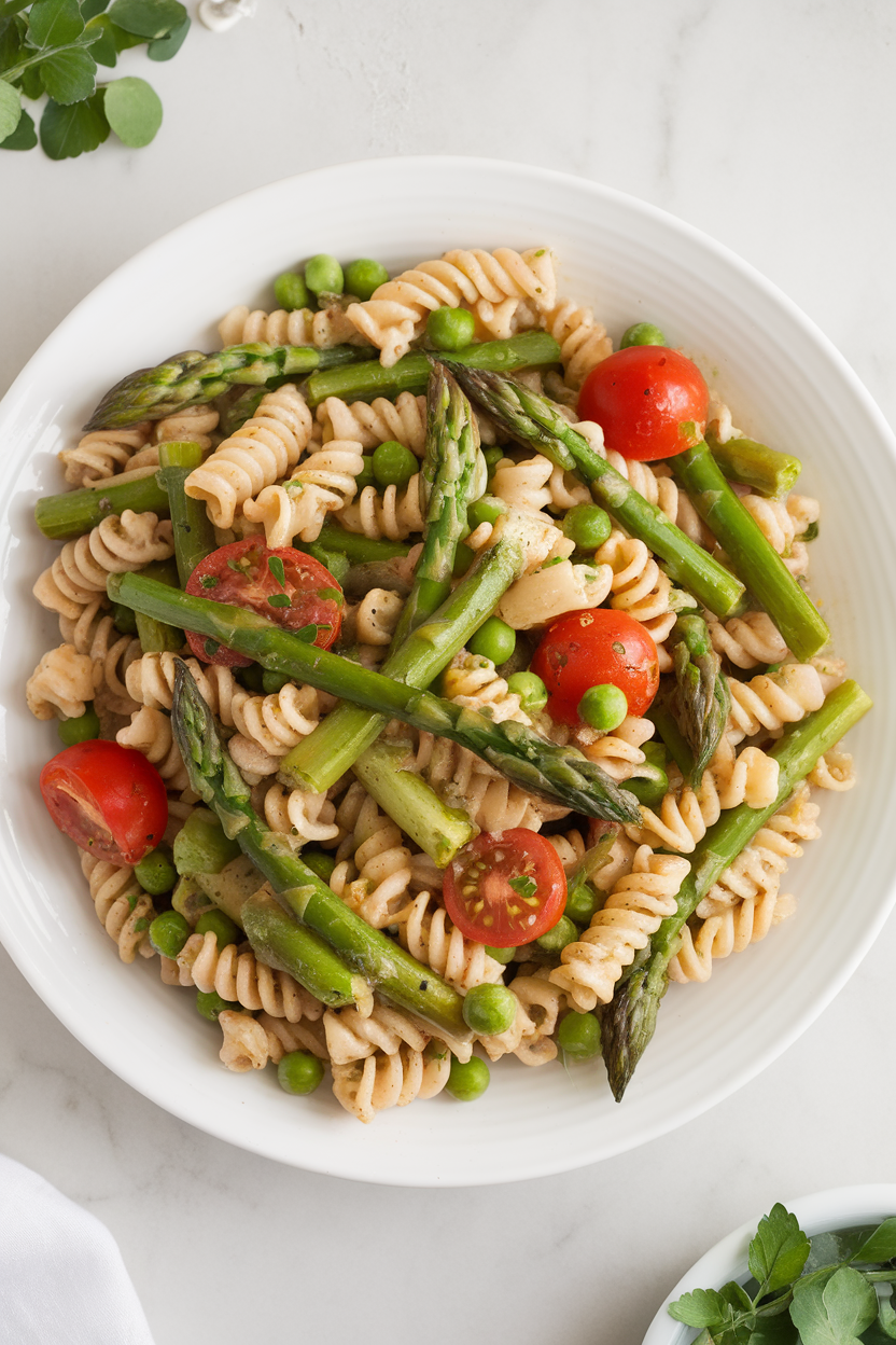 Indoor photo of whole-grain fusilli tossed with asparagus, cherry tomatoes, and peas in a light herb sauce; no text or logos shown.