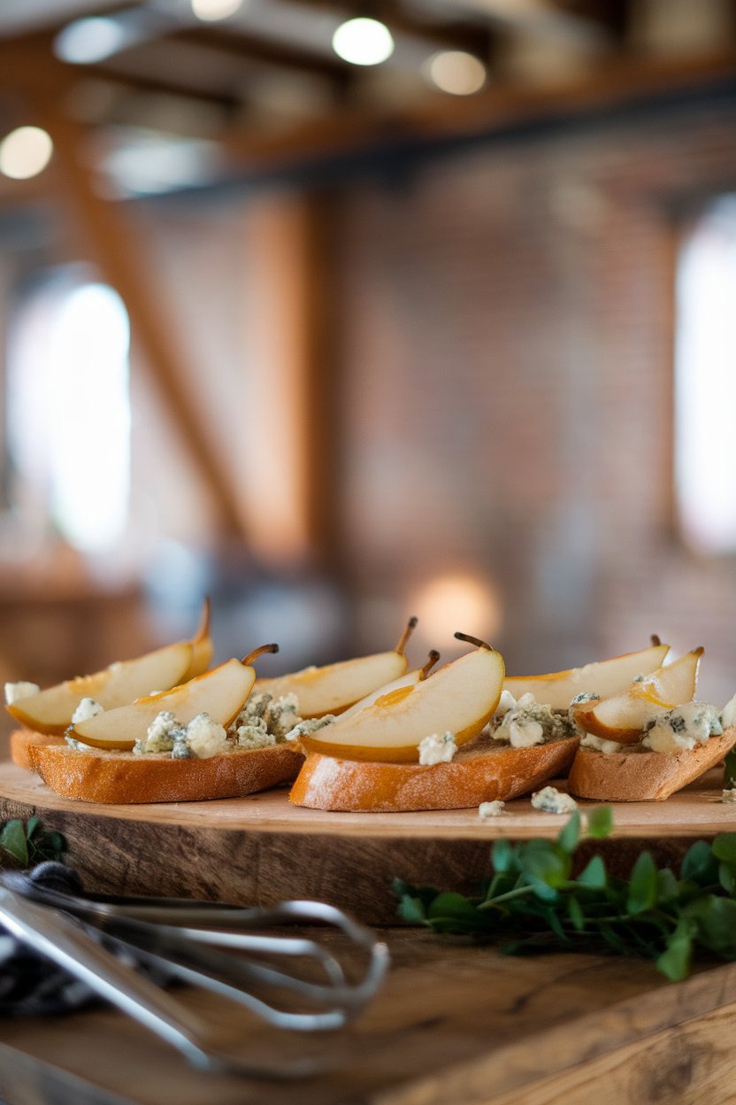 An indoor serving board lined with toasted baguette slices topped with pear, crumbled blue cheese, and a drizzle of honey, no text or logos. Photo.</Prompt