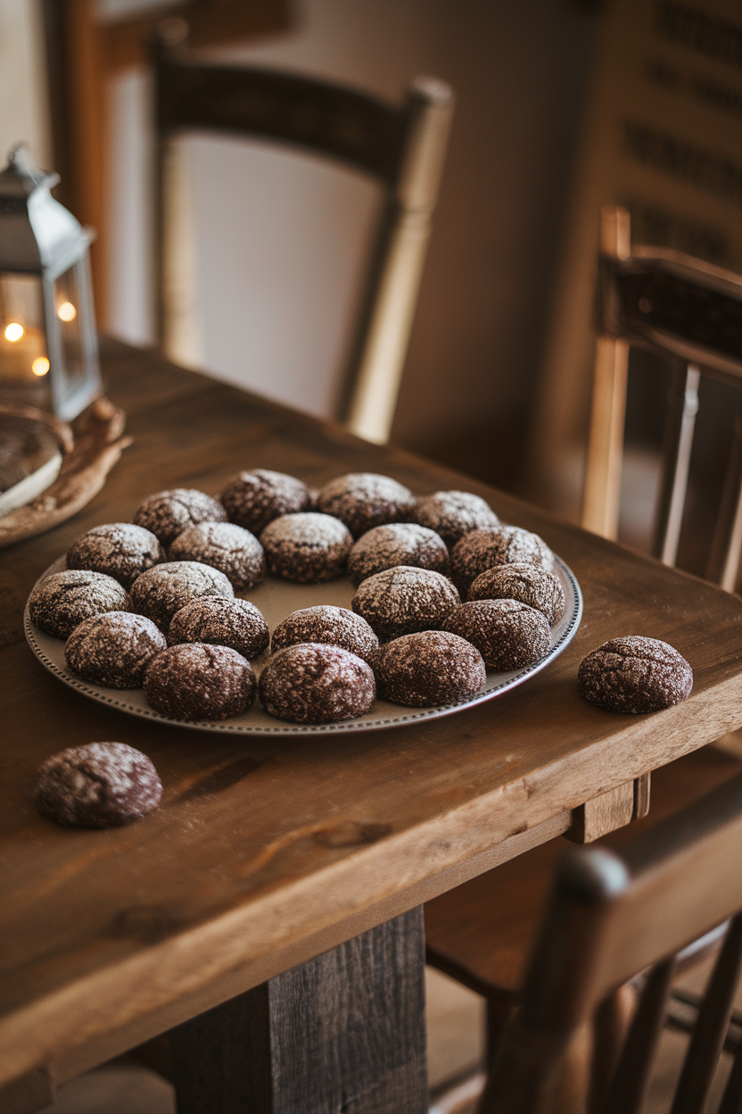Indoor rustic plate of dark molasses drop cookies with a coarse sugar top. Cozy lighting, no text or logos. Photo, not illustration.