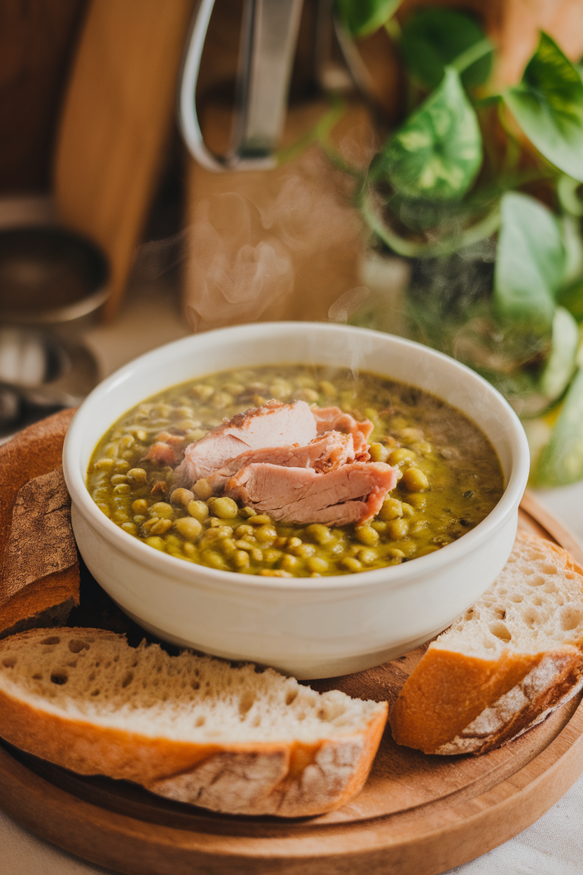 An indoor kitchen counter with a steaming bowl of thick green split pea soup dotted with pieces of smoked turkey. No logos or text; photo only.