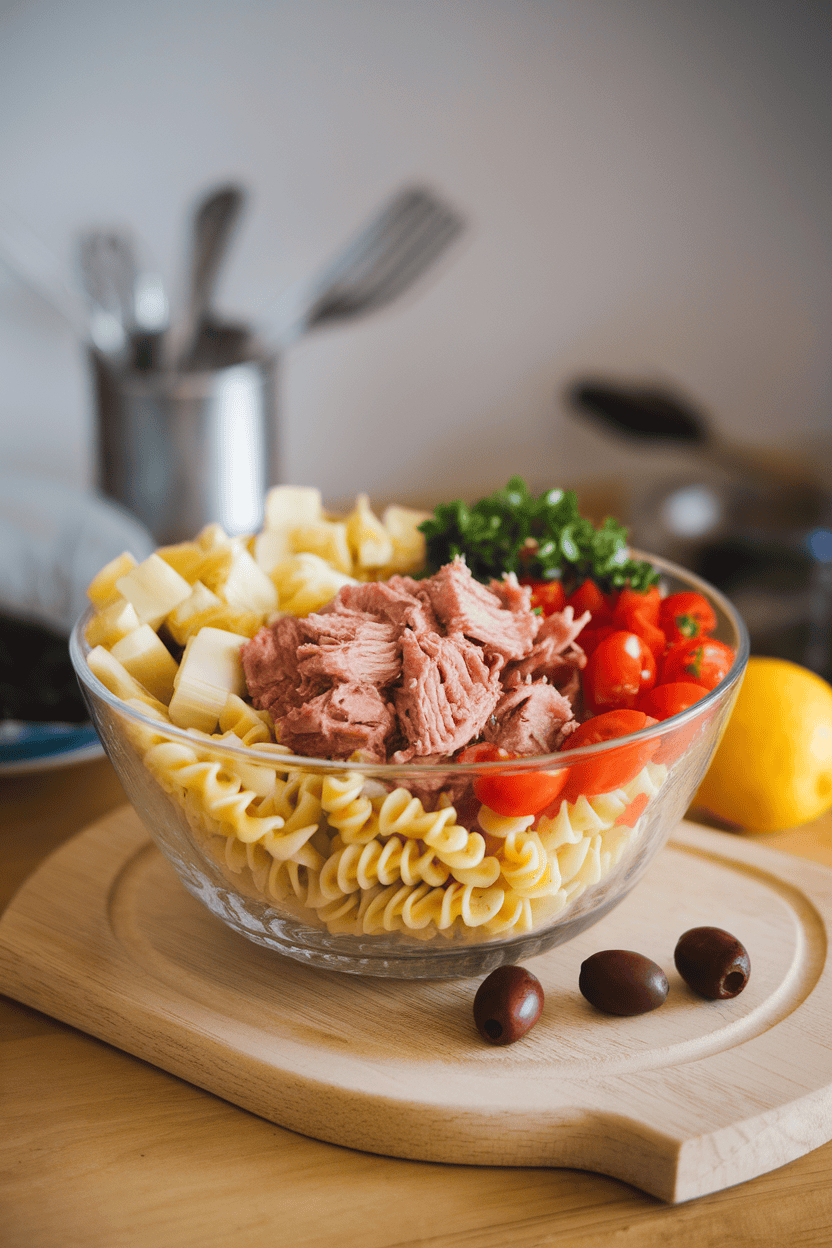 An indoor tabletop view of a glass bowl filled with pasta spirals, olive oil-packed tuna, chopped artichokes, cherry tomatoes, and parsley. No text or logos.