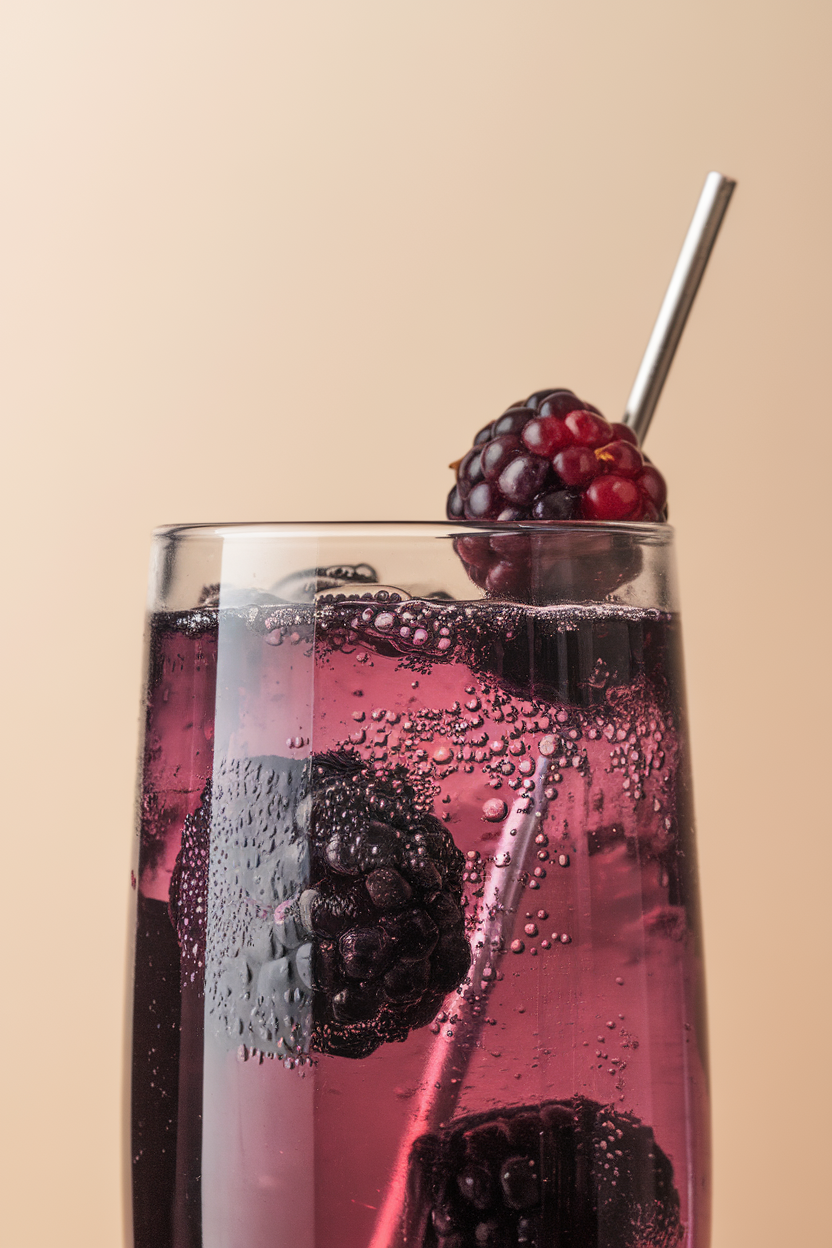 Indoor photo of dark purple blackberry soda in a flute glass, fizzy bubbles rising, with a single blackberry skewered on a silver pick. No text or logos.
