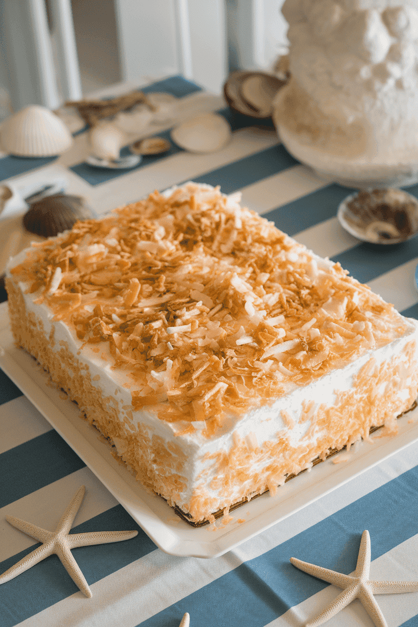 Indoor coastal-themed table with a sheet cake topped generously with shredded toasted coconut, white coconut frosting underneath. No text or logos. Photo only.