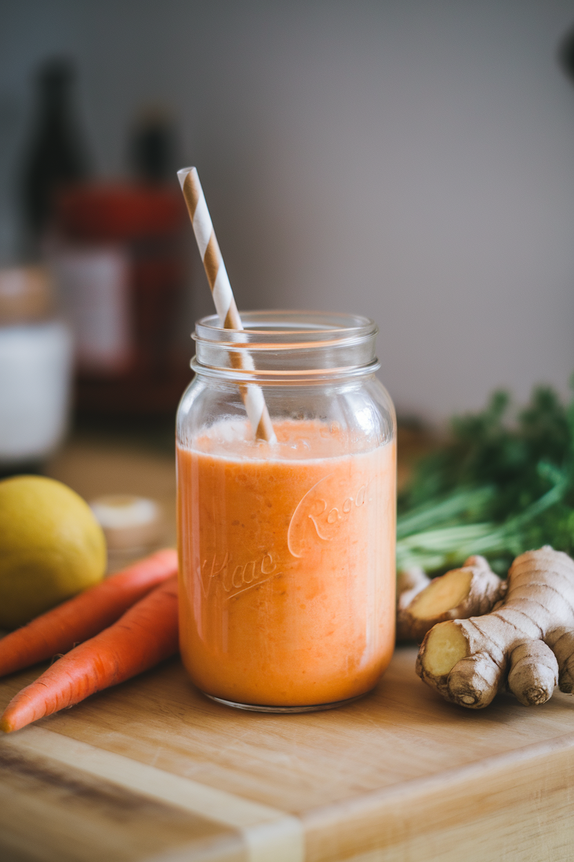 Indoor photo of an orange kefir smoothie in a glass jar with a paper straw, alongside fresh carrots and ginger root on the counter. Soft light, no text or logos.