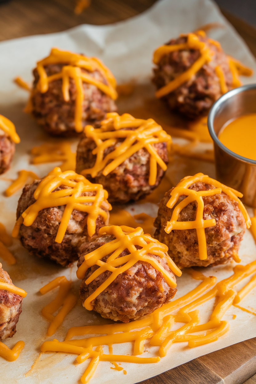 Indoor photo of browned sausage balls on parchment with melted cheddar visible, accompanied by a small dipping bowl; no text or logos.