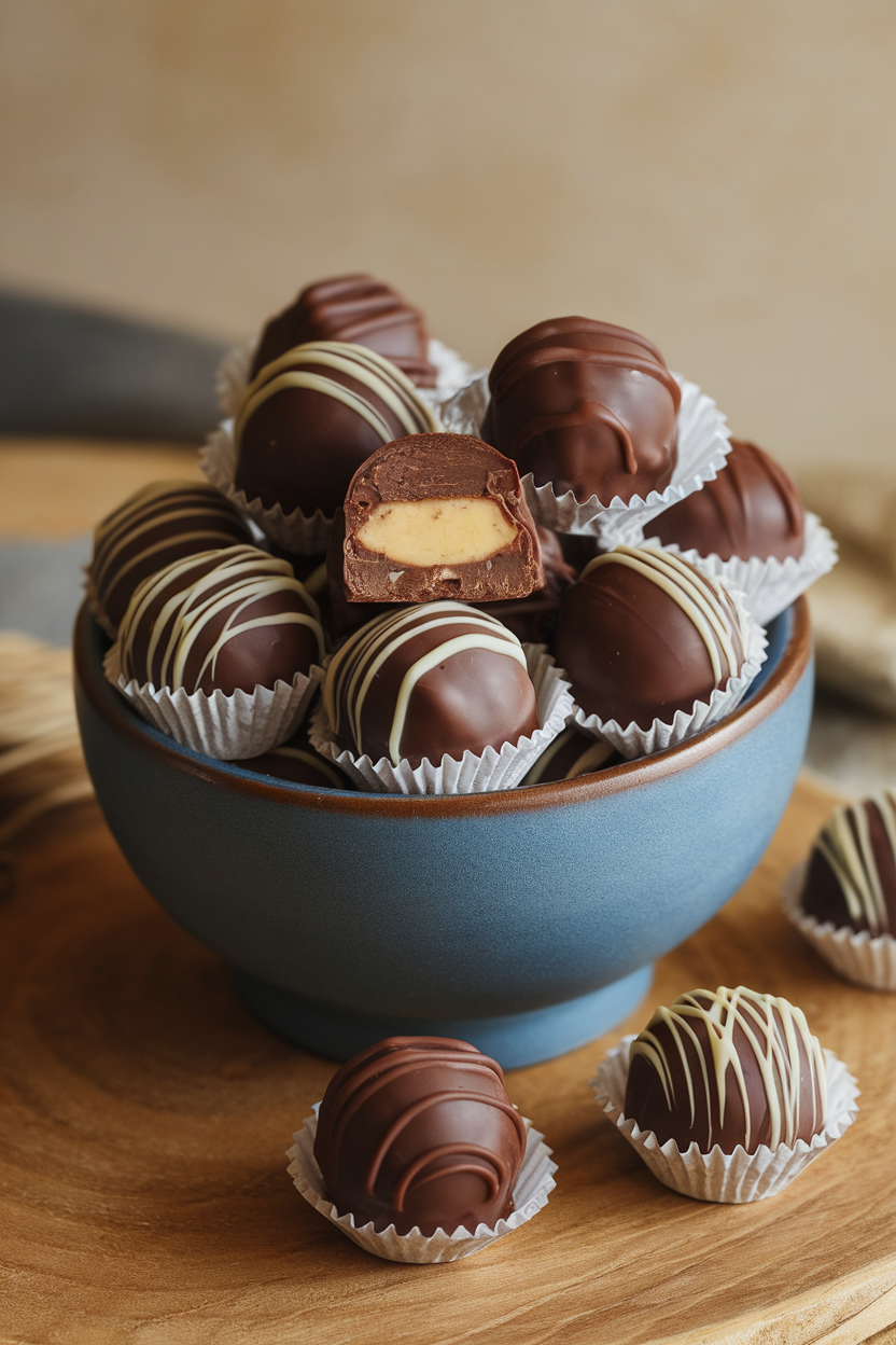 Photo of indoor bowl filled with round chocolate truffles in plain foil wrappers, one cut to show melting center, no logos