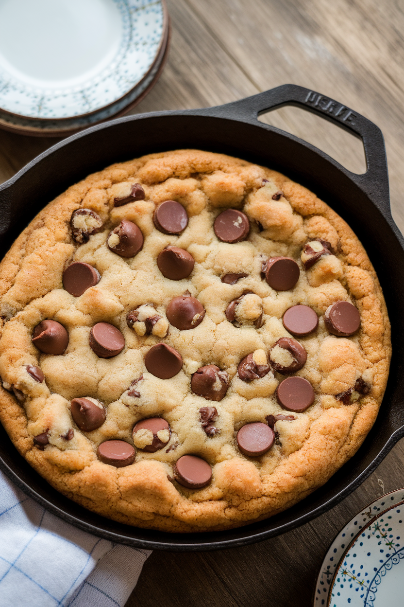 An indoor cast-iron skillet holding a giant chocolate chip cookie, center gooey, edges crisp, small plates set nearby. No text or logos.