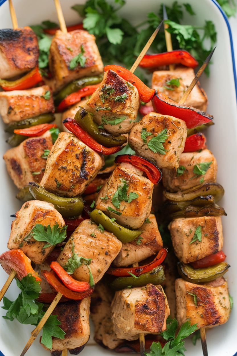 Indoor platter of cooked chicken kebabs with peppers and onions, sprinkled with parsley. No text or logos. Photo.
