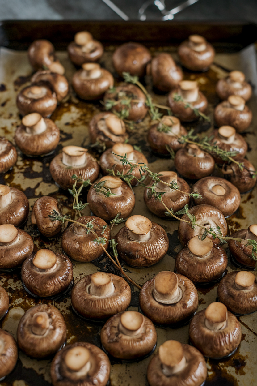 Indoor baking sheet loaded with roasted cremini mushrooms glistening in balsamic glaze and sprinkled with fresh thyme. Photo, no text or logos.