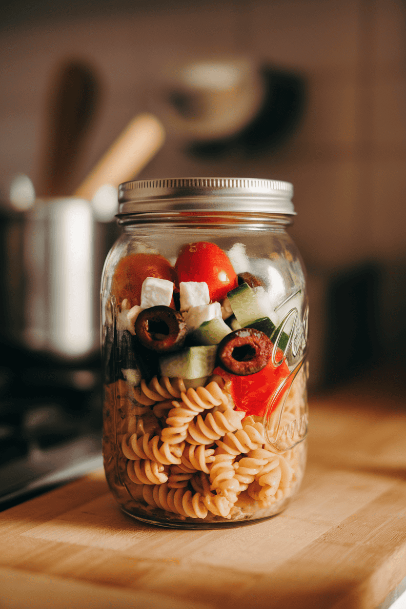 A mason jar filled with whole-wheat pasta, diced cucumbers, olives, cherry tomatoes, and feta, photographed indoors on a wooden counter. No text or logos visible.