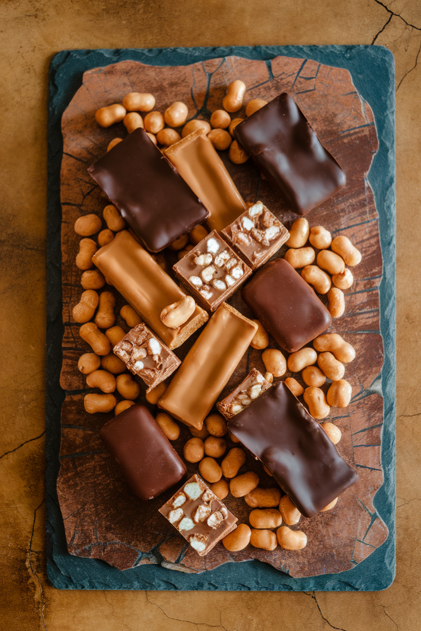 Photo of indoor slate board displaying peanuts, caramel, and nougat bar halves coated in chocolate, no text