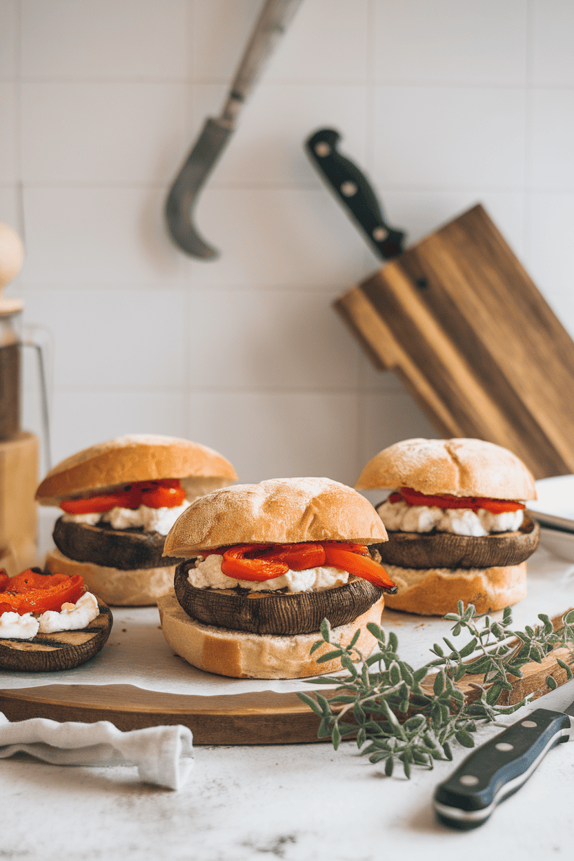 Cozy indoor kitchen counter with grilled portobello caps stacked in buns, layered with roasted red peppers and goat cheese. No text or logos present. Photo, not illustration.