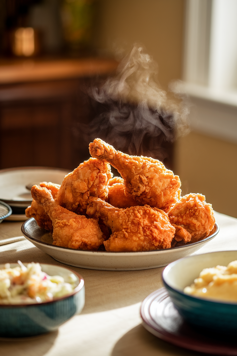 Warmly lit indoor kitchen table with a platter piled high with golden, crispy buttermilk fried chicken pieces on a simple white dish, steam gently rising, no text or logos visible. Photo, not illustration.