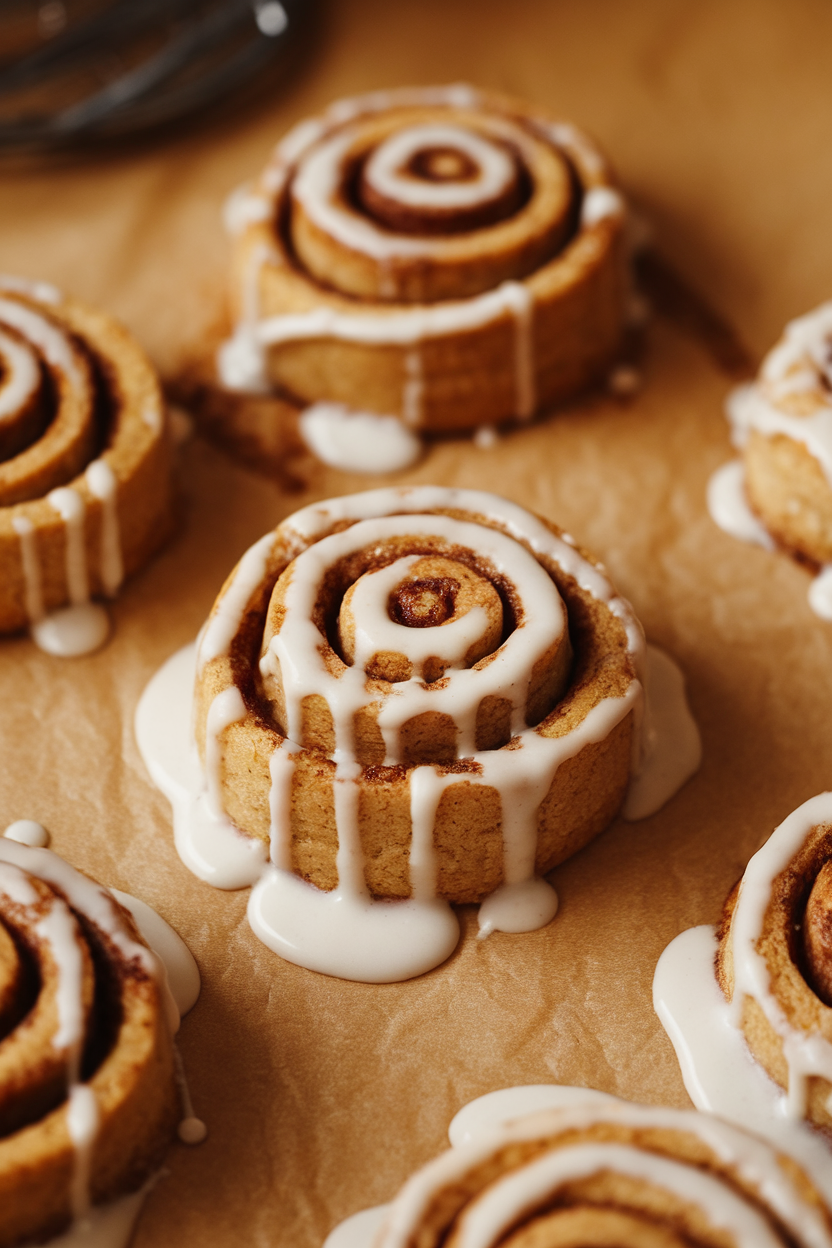 Indoor work surface with spiral slice-and-bake cookies drizzled with vanilla glaze, resembling mini cinnamon rolls. Warm lighting, no logos or text. Photo only.