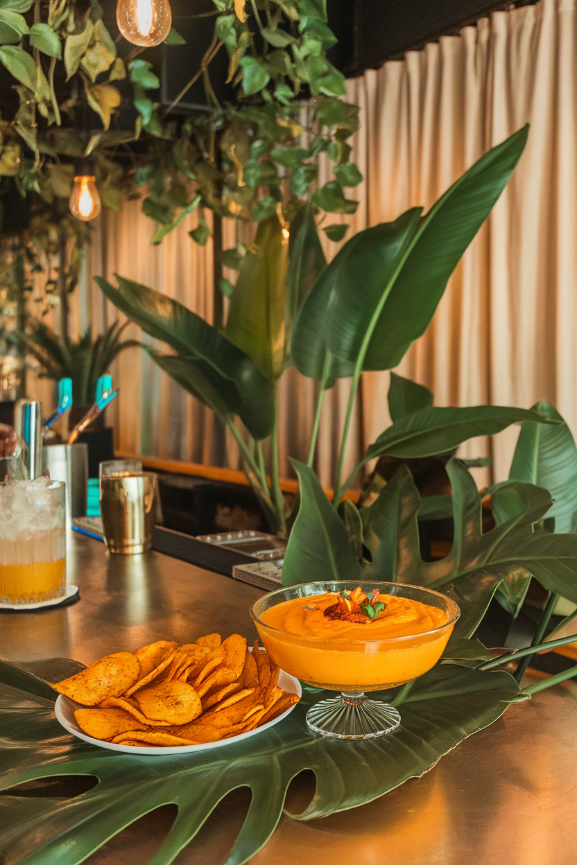 An indoor tropical-themed bar with a bright orange mango habanero dip in a glass bowl, plantain chips nearby. Photo, no text or logos.