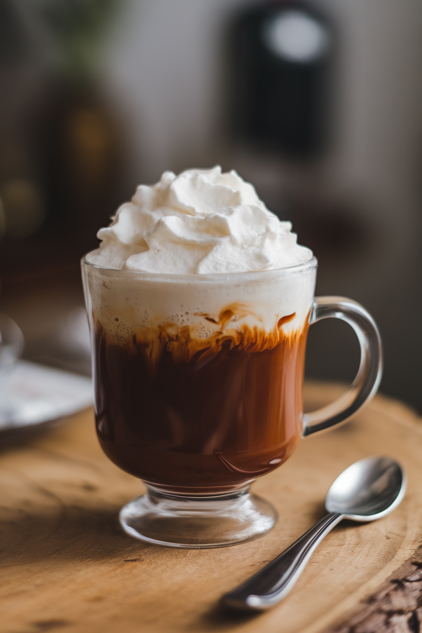 Photo of a clear footed mug indoors, filled with dark maple Irish coffee topped by a thick layer of barely sweetened whipped cream. No text or logos visible.