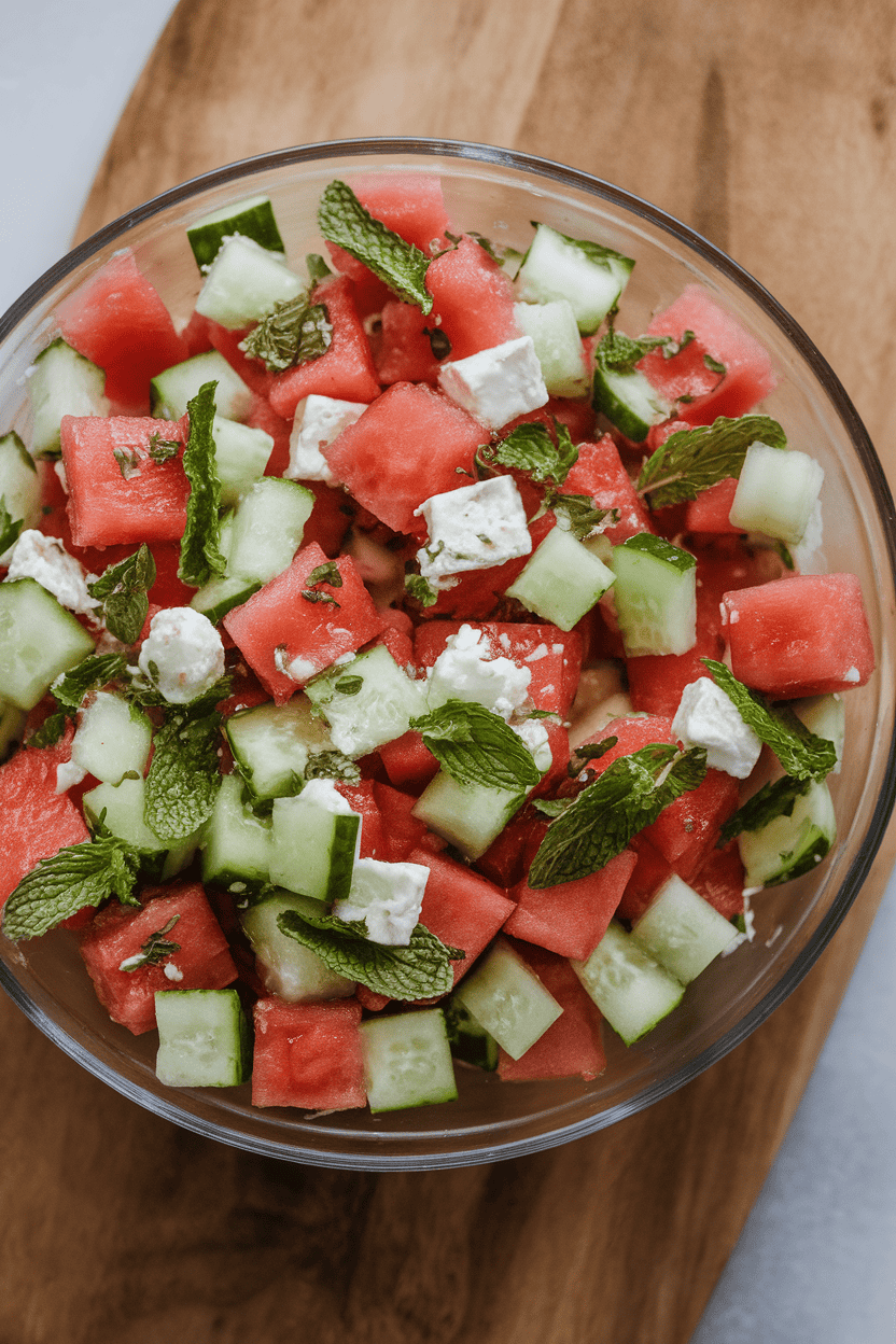 Photo of cubed watermelon and cucumber tossed with feta and mint in a clear glass dish indoors. No text or branding shown.
