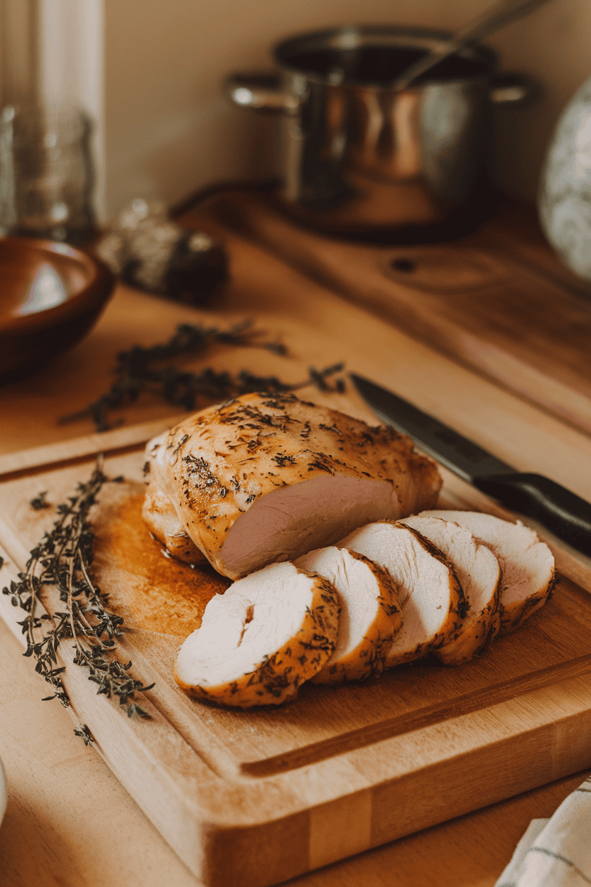 A warm indoor kitchen counter with a carving board holding sliced herb-roasted chicken breast, sprigs of thyme scattered around. Photo only, no logos visible.