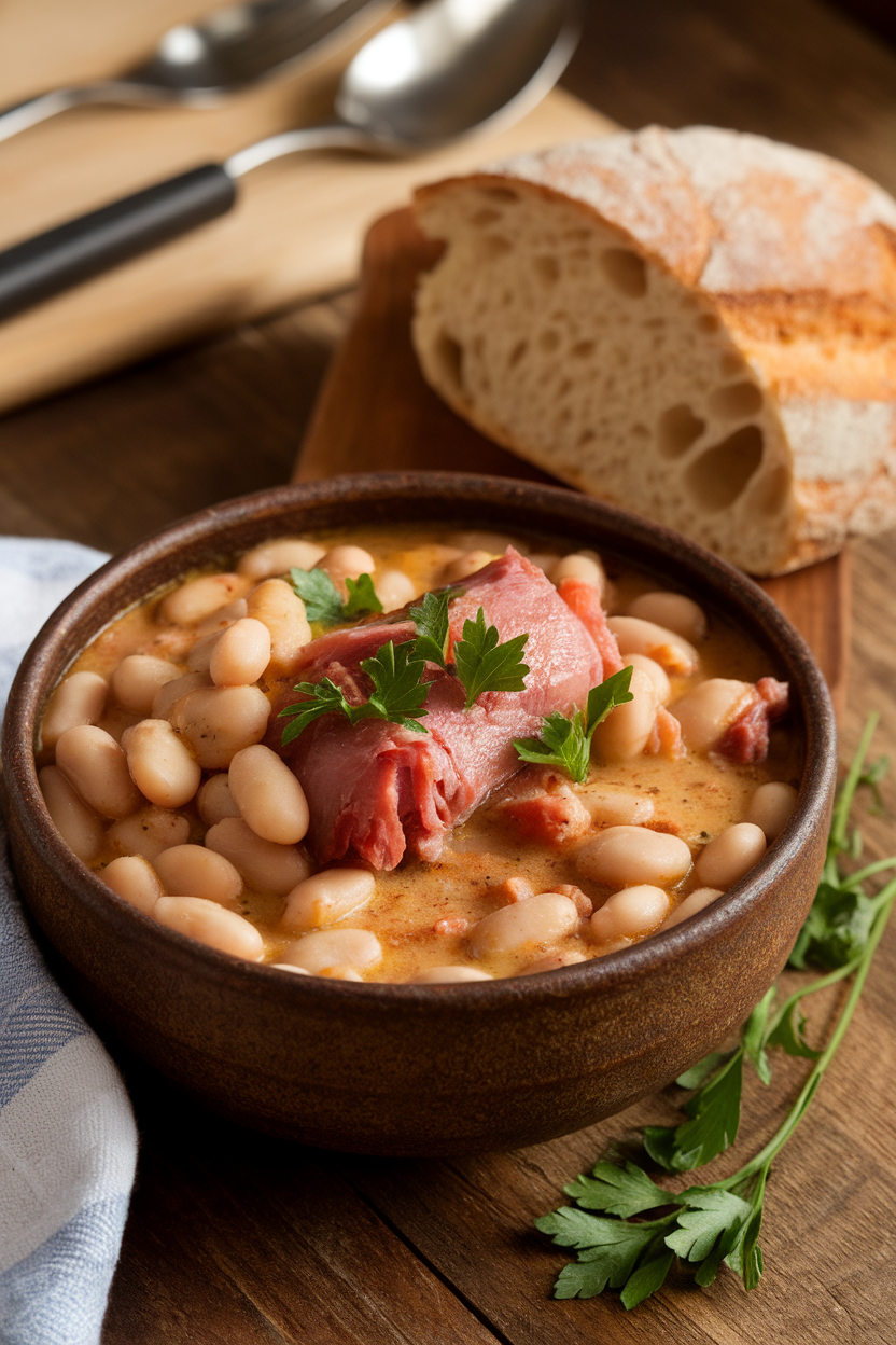 Indoor photo of a rustic bowl filled with white bean and smoked ham hock stew, garnished with parsley, no text or logos. Photo only.