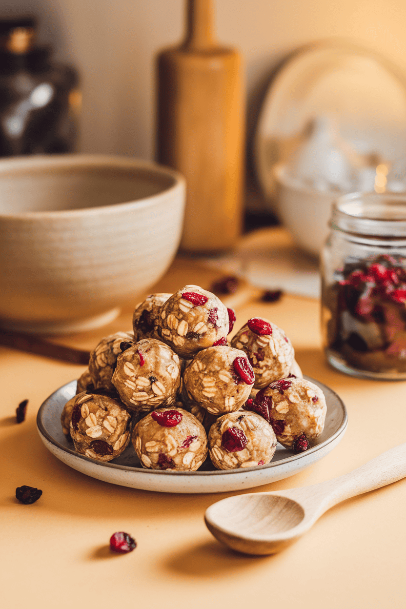 Indoor kitchen scene with a plate of small oat energy balls dotted with dried cranberries, no writing
