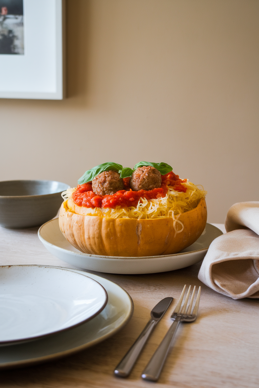 An indoor dining table with strands of roasted spaghetti squash topped with tomato sauce and turkey meatballs, basil scattered on top. No text or logos, photo style.