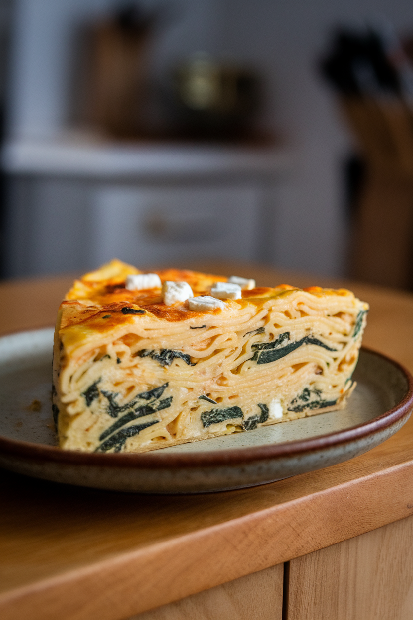 Indoor photo of a wedge of pasta frittata showing noodles, spinach, and feta inside, placed on a ceramic plate. No logos.