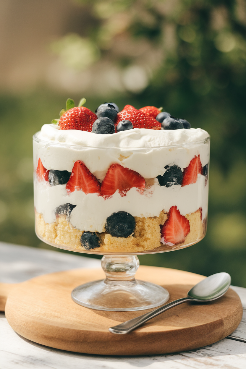Glass trifle dish with layers of cake, whipped cream, strawberries, and blueberries, indoor light. No text or logos. Photo.