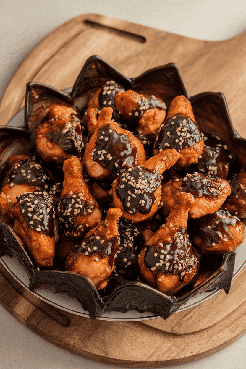 Indoor serving platter of baked chicken drumettes coated in glossy dark soy glaze, sprinkled with sesame seeds, styled to look like bat wings. Photo only, no text or logos.